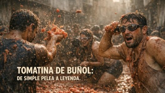 Imagen generada con IA para el artículo El Increíble Origen de la Tomatina de Buñol: De Pelea a Leyenda