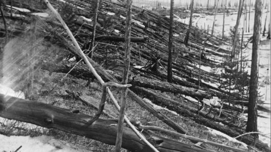 Bosque siberiano con miles de troncos de árboles derribados en la misma dirección tras la explosión de 1908