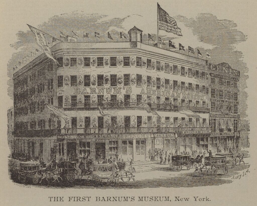 Efecto Forer: por qué los horóscopos parecen describirte tan bien 1 Grabado histórico del edificio del Museo Americano de P.T. Barnum en Nueva York con banderas y carruajes en la calle