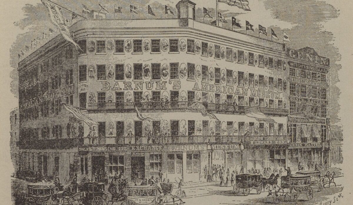 Efecto Forer: por qué los horóscopos parecen describirte tan bien 6 Grabado histórico del edificio del Museo Americano de P.T. Barnum en Nueva York con banderas y carruajes en la calle