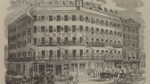 Efecto Forer: por qué los horóscopos parecen describirte tan bien 3 Grabado histórico del edificio del Museo Americano de P.T. Barnum en Nueva York con banderas y carruajes en la calle