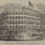 Grabado histórico del edificio del Museo Americano de P.T. Barnum en Nueva York con banderas y carruajes en la calle