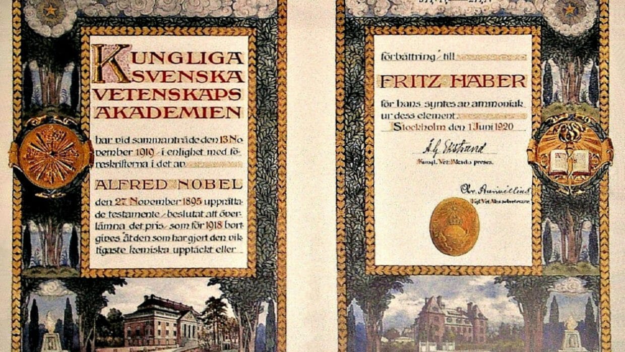 Diploma original del Premio Nobel de Química de 1918 otorgado a Fritz Haber por la síntesis del amoniaco