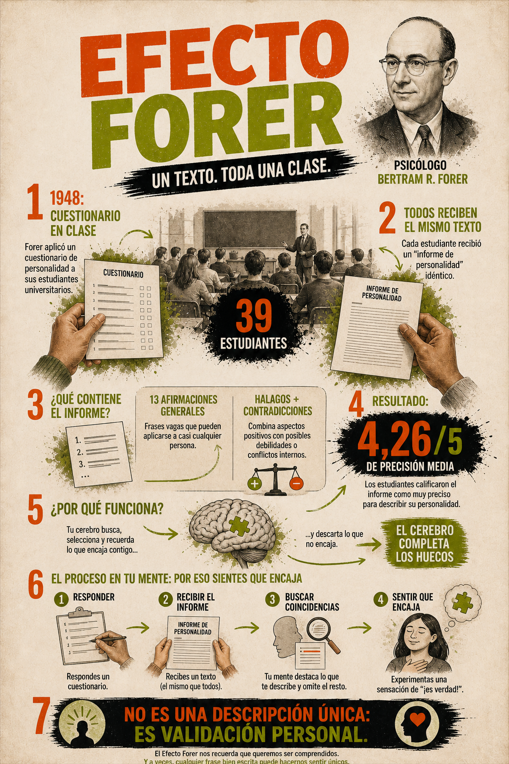 Efecto Forer: el informe de personalidad que engañó a toda una clase 2 Infografía del experimento de Forer y su puntuación media de 4,26 sobre 5
