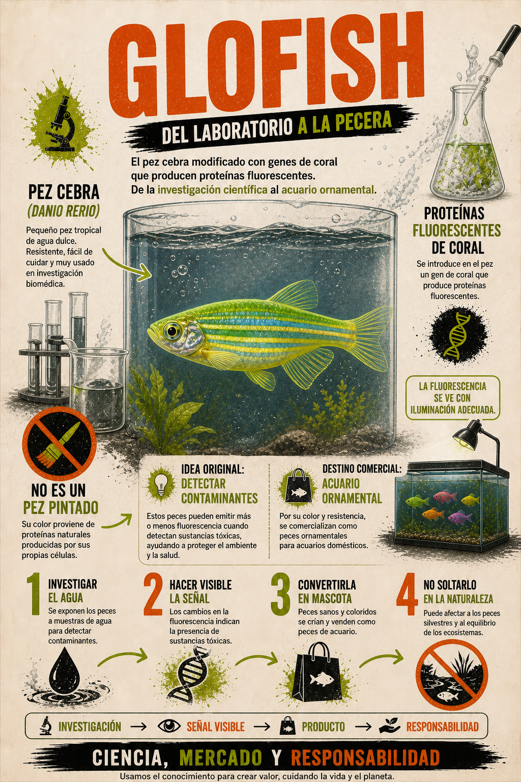 Infografía sobre el origen científico y el destino ornamental de los peces GloFish