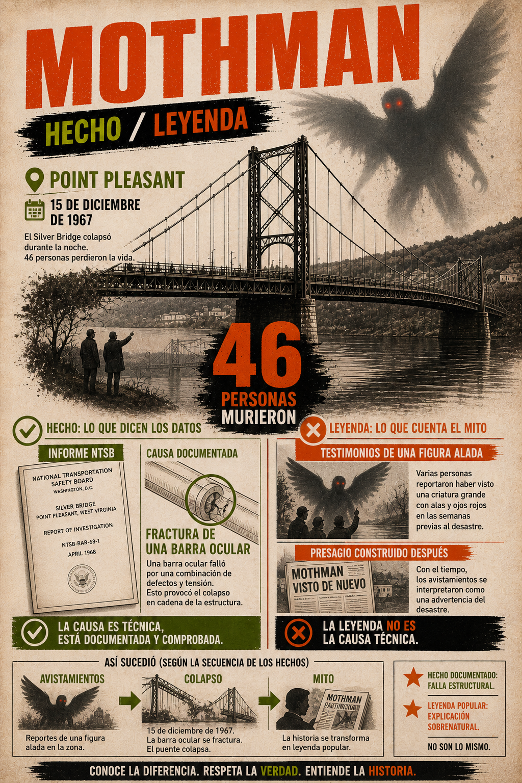 Infografía que separa la leyenda del Mothman de la causa técnica del colapso del Silver Bridge
