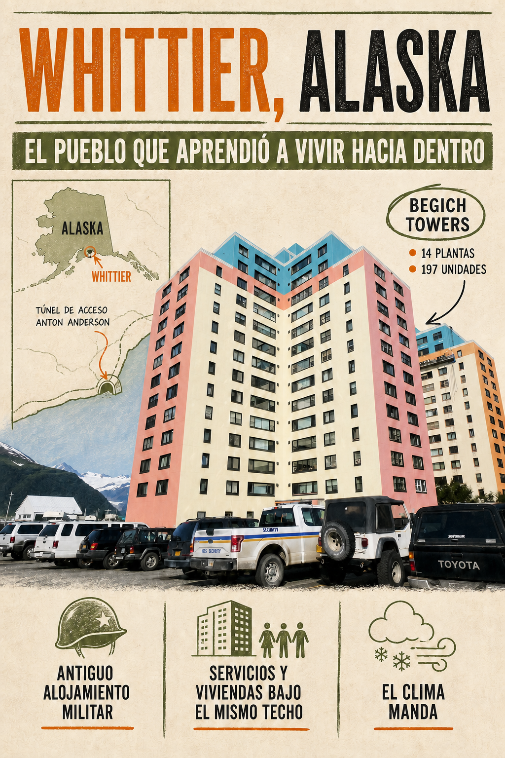 Infografía sobre Whittier, Begich Towers y la vida bajo un mismo techo