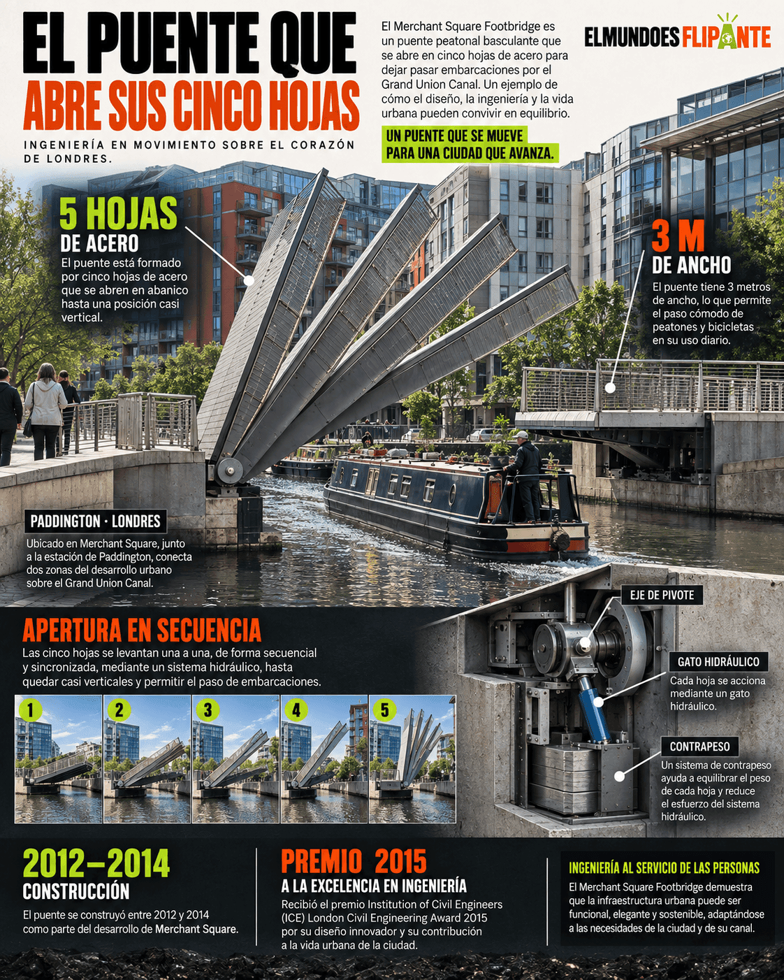 Infografía editorial del puente Merchant Square con sus cinco hojas, ejes y gatos hidráulicos