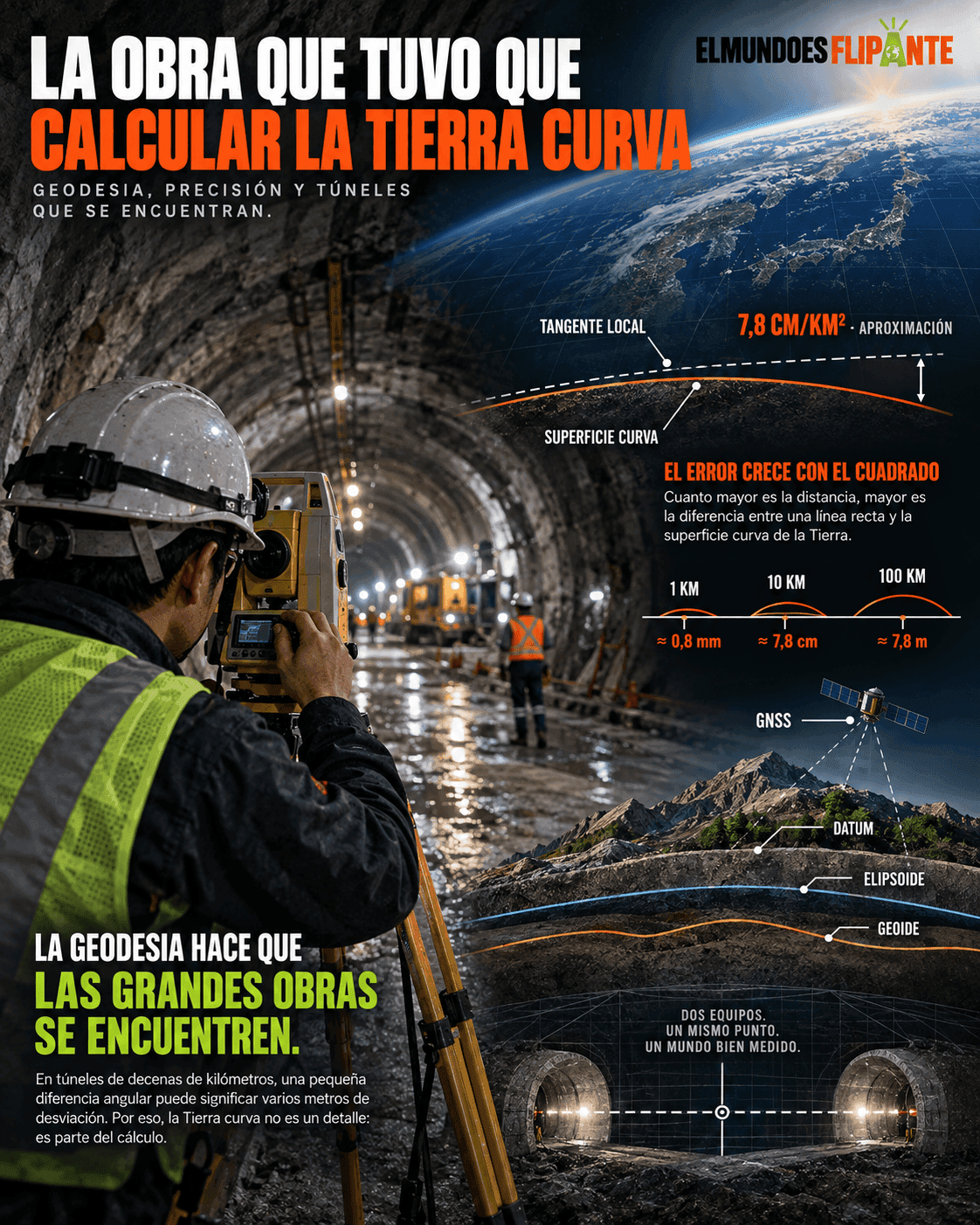 Infografía editorial sobre geodesia, curvatura terrestre y redes de puntos de control