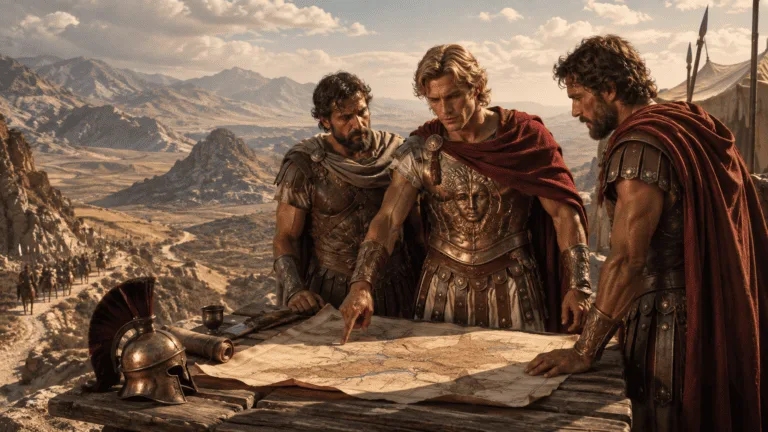 Alejandro Magno y sus oficiales consultando un mapa durante una expedición por un paisaje montañoso