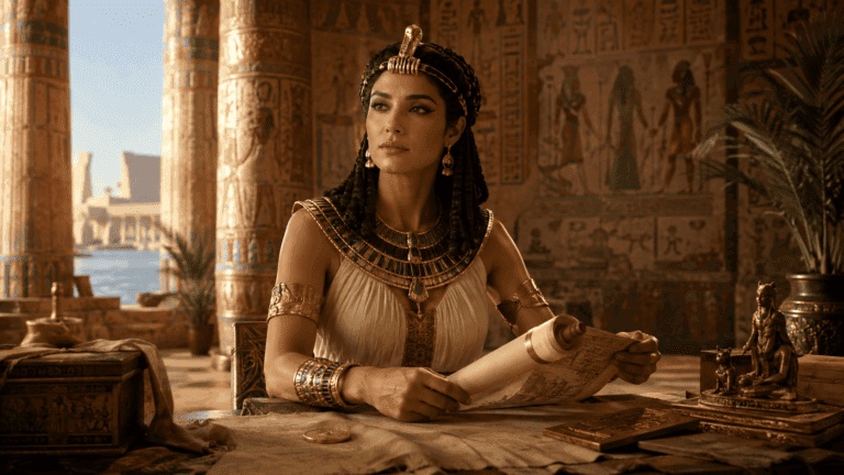 Cleopatra consultando un documento en un palacio del antiguo Egipto