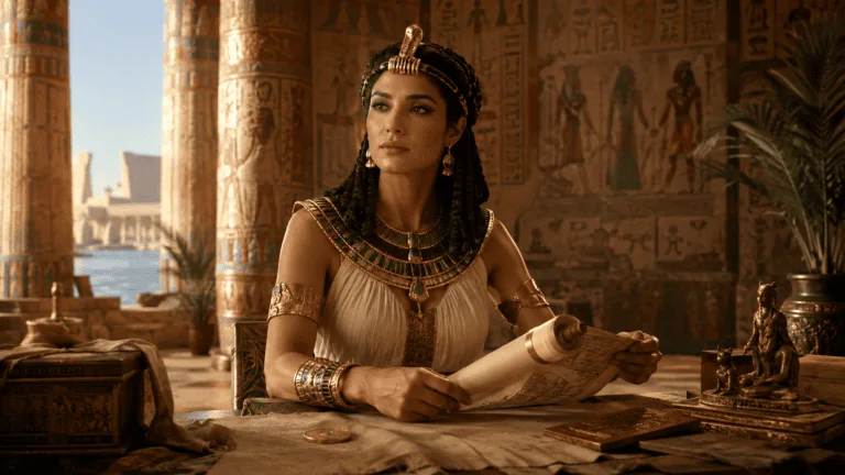 Cleopatra consultando un documento en un palacio del antiguo Egipto