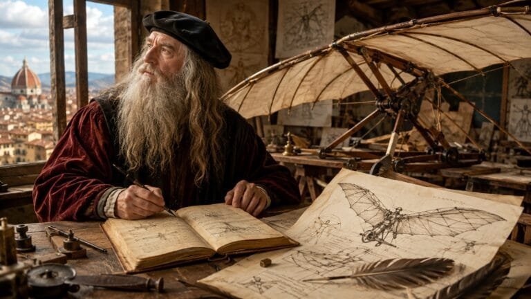 Leonardo da Vinci estudiando una máquina voladora en su taller renacentista, rodeado de planos y cuadernos