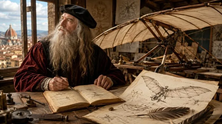 Leonardo da Vinci estudiando una máquina voladora en su taller renacentista, rodeado de planos y cuadernos