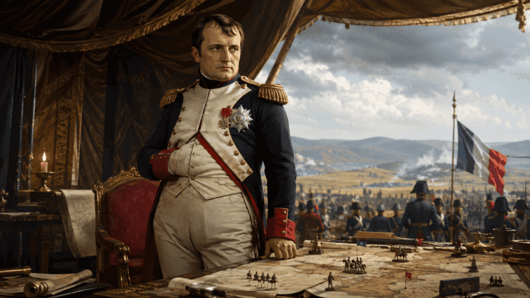 Napoleón Bonaparte revisando un mapa de campaña en su tienda de mando
