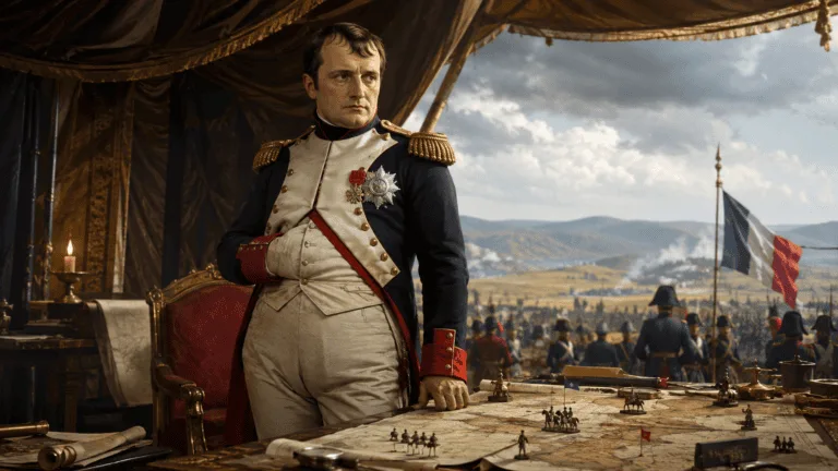Napoleón Bonaparte revisando un mapa de campaña en su tienda de mando