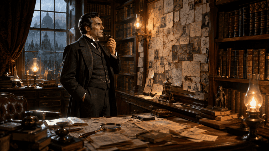 Sherlock Holmes estudiando pistas y libros en su despacho victoriano