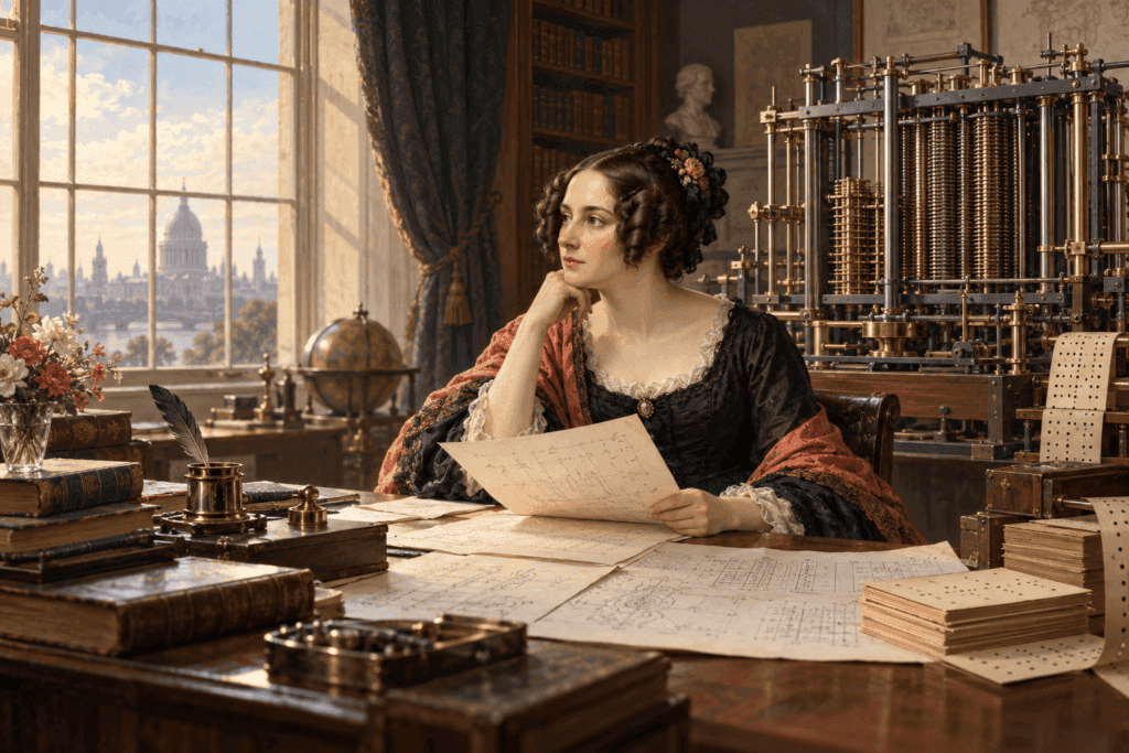 Retrato editorial de Ada Lovelace junto a los engranajes de la máquina analítica de Babbage, imaginada en 1843