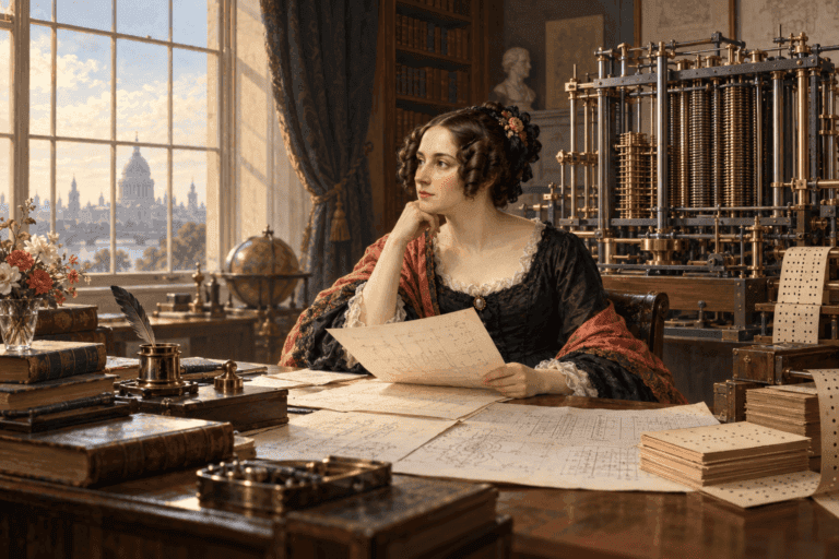 Retrato editorial de Ada Lovelace junto a los engranajes de la máquina analítica de Babbage, imaginada en 1843