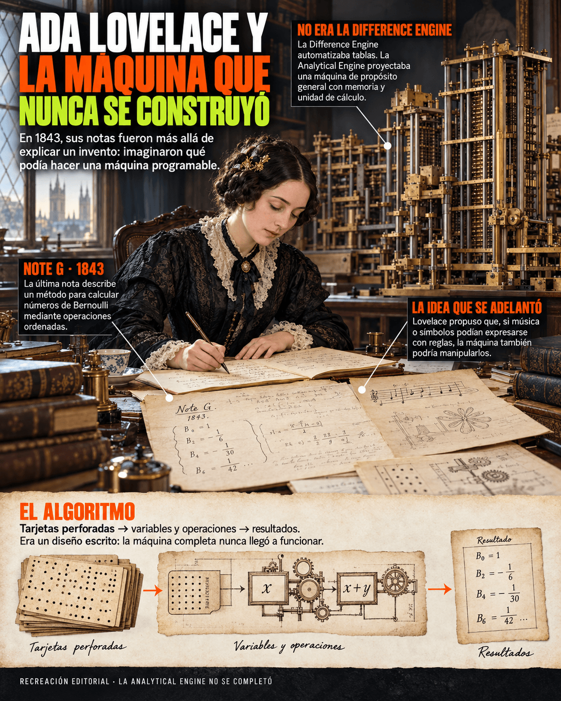 Infografía editorial ampliada de Ada Lovelace: explica la Note G de 1843, diferencia la Difference Engine de la Analytical Engine y muestra el flujo de tarjetas, operaciones y resultados; recreación, no documento histórico.