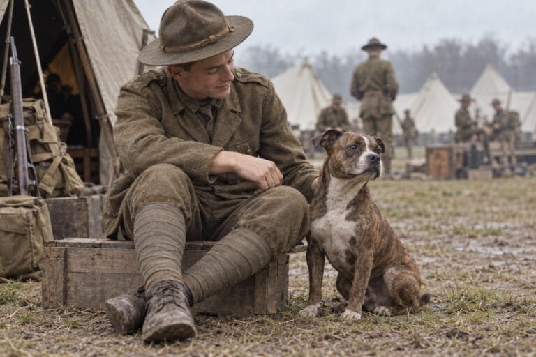 Recreación editorial de Stubby, un perro atigrado junto a un soldado estadounidense en un campamento de instrucción de 1917.
