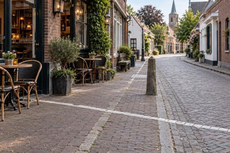 Recreación editorial de una calle de Baarle con la línea fronteriza entre Bélgica y los Países Bajos cruzando el pavimento.