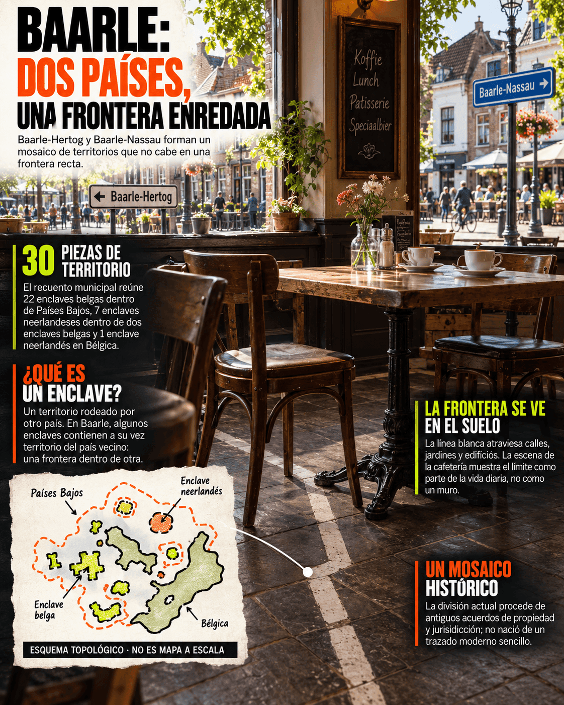 La cafetería donde pedir la cuenta también puede cambiar de país 1 Infografía editorial ampliada de Baarle: una cafetería atravesada por la frontera acompaña la explicación de qué es un enclave, el reparto 22 + 7 + 1 y el origen histórico del mosaico territorial. Incluye un esquema no cartográfico.