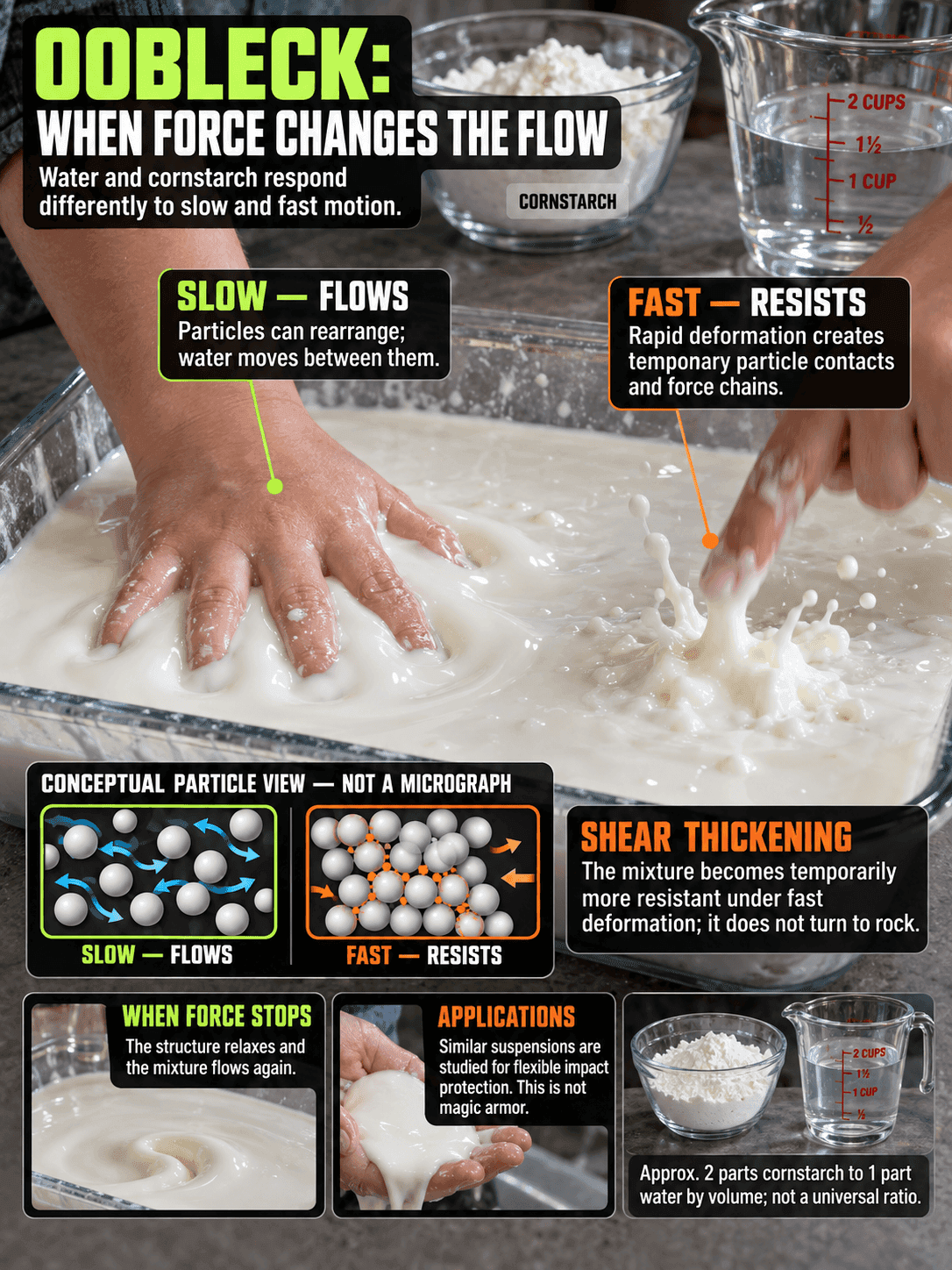 Scientific infographic of oobleck: how water and cornstarch flow under slow movement, temporarily resist a rapid force, and flow again once the force stops. Particle detail is conceptual.