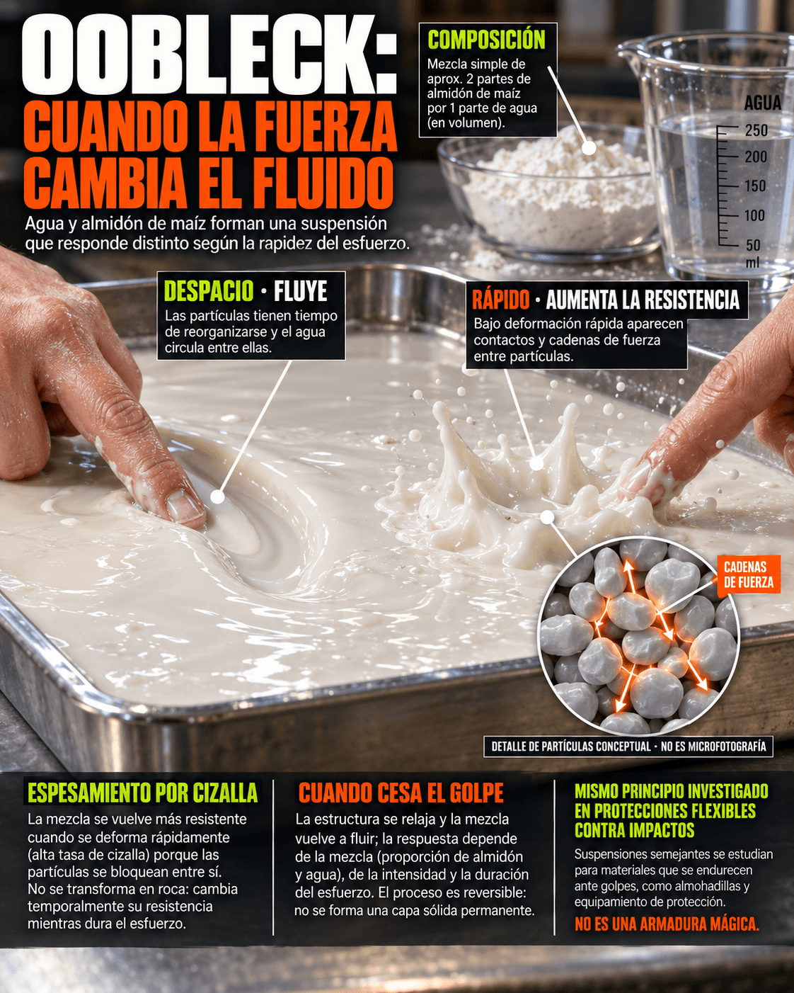 Infografía científica ampliada del oobleck: explica cómo la mezcla de agua y almidón fluye con un movimiento lento, aumenta temporalmente su resistencia bajo una fuerza rápida y vuelve a fluir cuando cesa el esfuerzo. El detalle de partículas es conceptual.