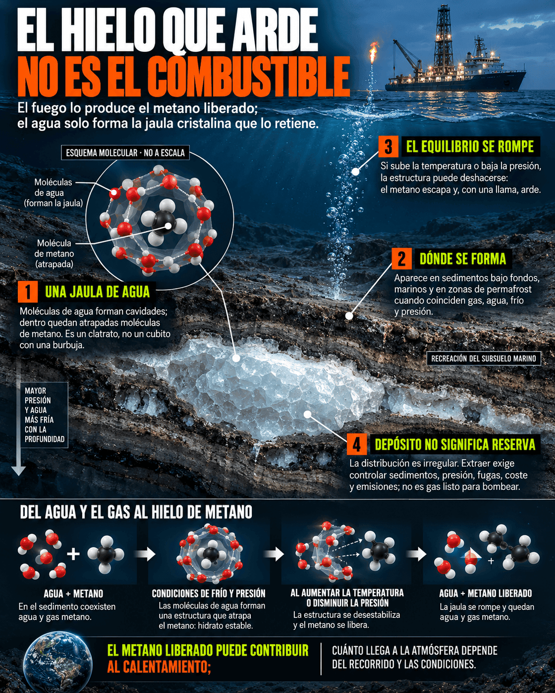 Infografía científica ampliada de hidratos de metano: muestra la jaula cristalina de agua, los sedimentos donde puede formarse, cómo la presión y la temperatura condicionan su estabilidad y por qué el recurso no equivale a una reserva fácil de extraer.