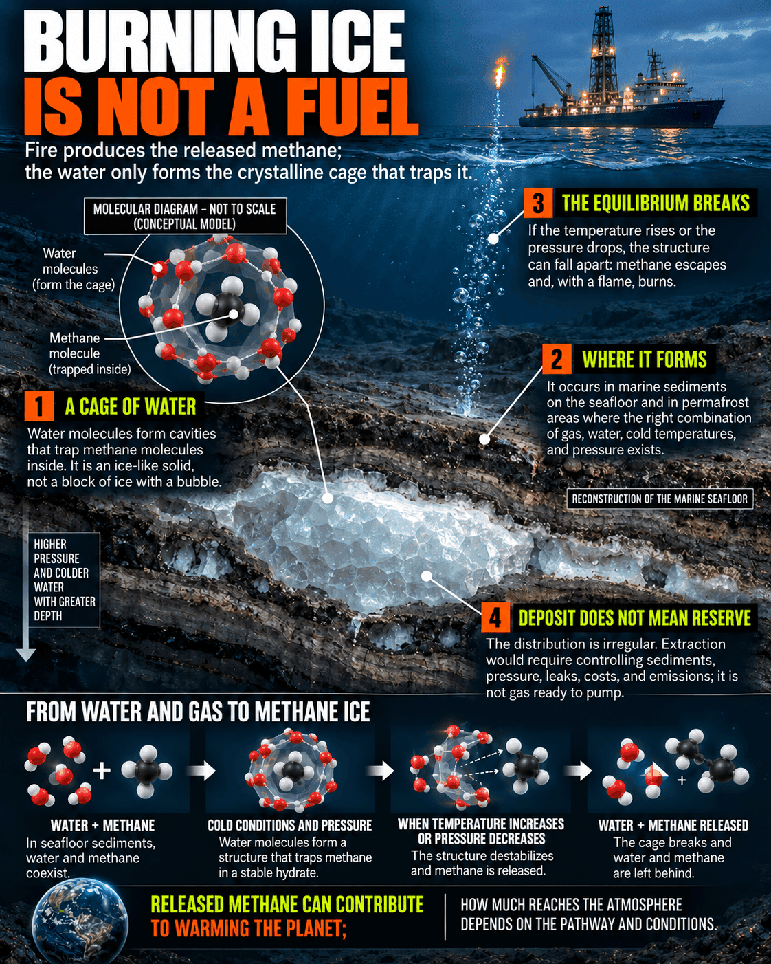 Scientific infographic of methane hydrates: a water-molecule cage, sediments where hydrates can form, the pressure and temperature conditions that stabilize them, and why a resource is not automatically easy to extract.