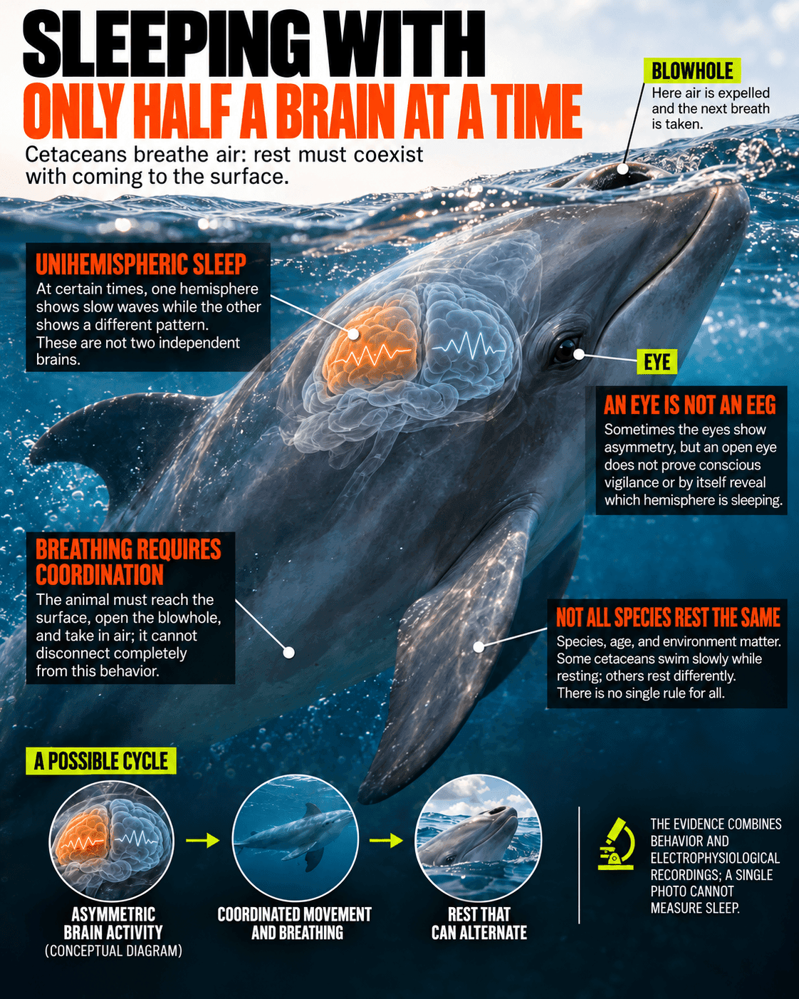 Expanded scientific infographic of a dolphin at the surface: unihemispheric sleep, the coordination needed for breathing, the limits of interpreting an open eye, and differences among species.
