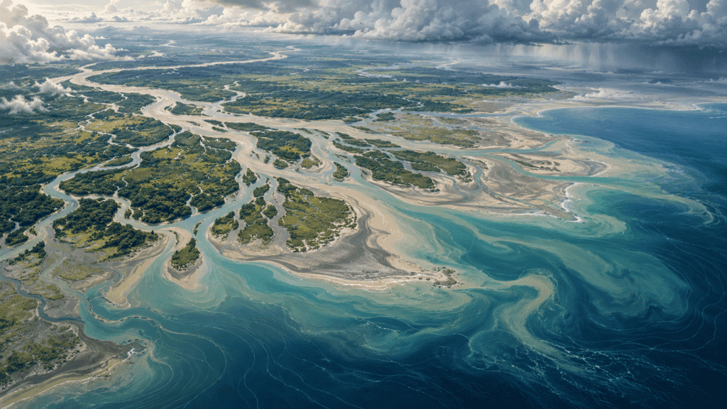 New Moore: la isla que se erosionó y la leyenda de su regreso anual 3 Recreación editorial del delta del Ganges-Brahmaputra en la bahía de Bengala, donde se encontraba New Moore.