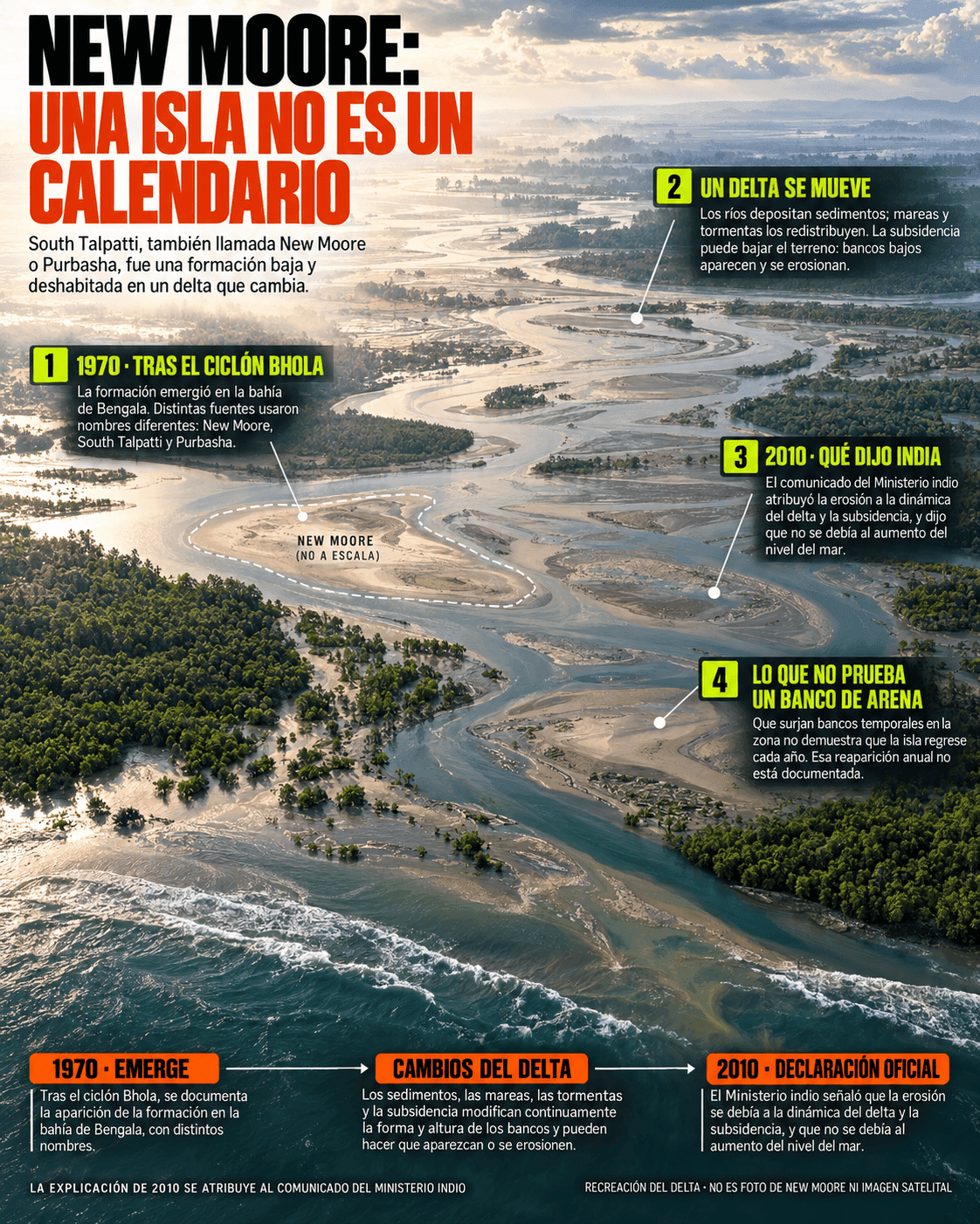 New Moore: la isla que se erosionó y la leyenda de su regreso anual 2 Infografía editorial ampliada del delta del Ganges-Brahmaputra: relaciona la aparición de New Moore tras el ciclón Bhola, el movimiento de sedimentos, mareas y subsidencia, el comunicado indio de 2010 y la falta de pruebas de un regreso anual.