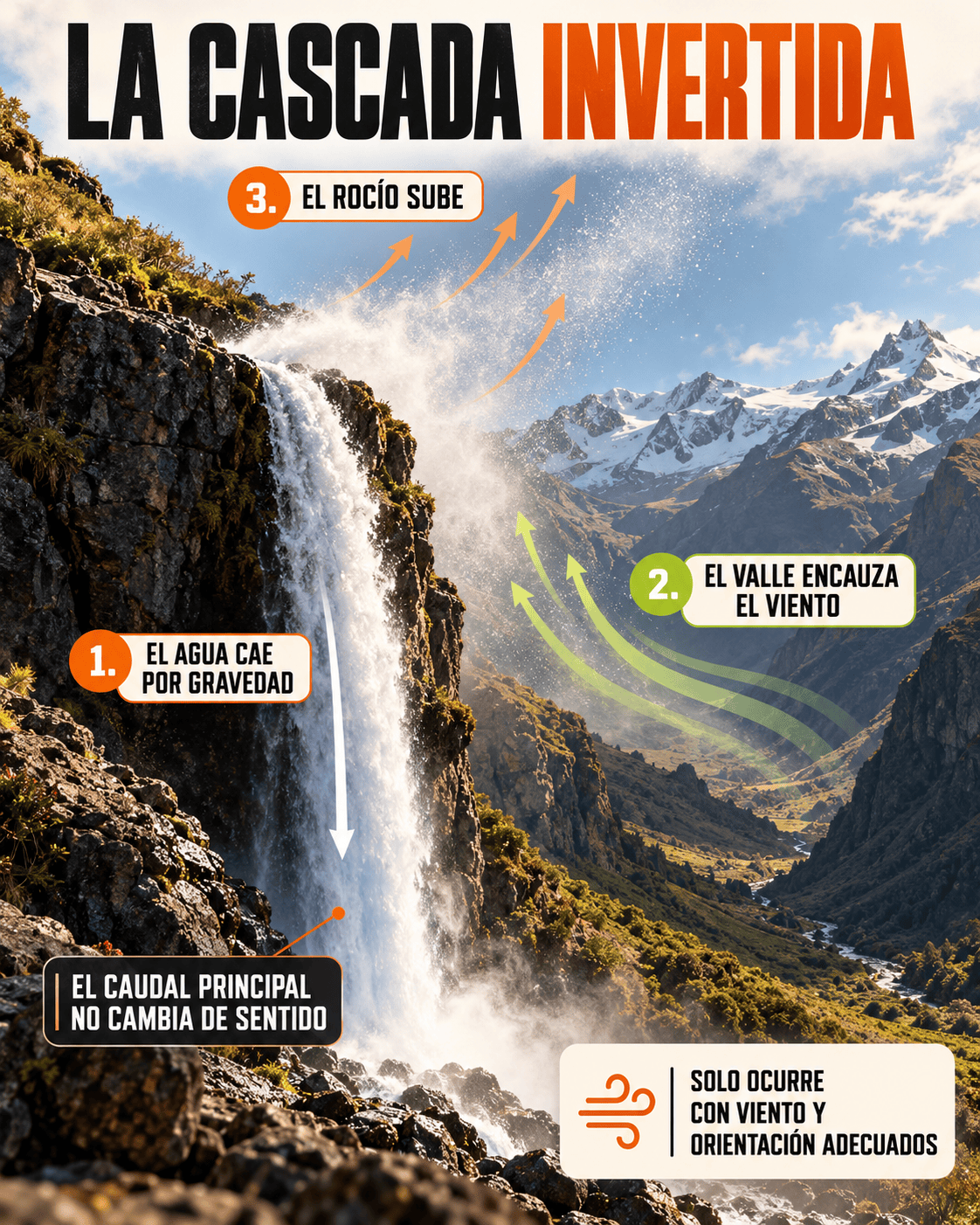 Esquema del valle, la cascada y el viento que eleva las gotas finas