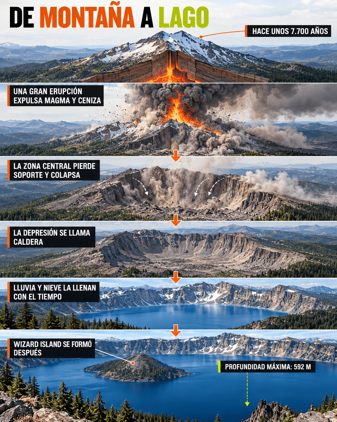 Formación de la caldera de Crater Lake y posterior aparición de Wizard Island