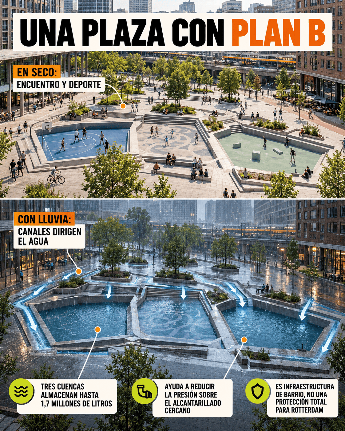 La ciudad diseñada para sobrevivir a una inundación 11 Recorrido del agua y capacidad de las tres cuencas de Benthemplein