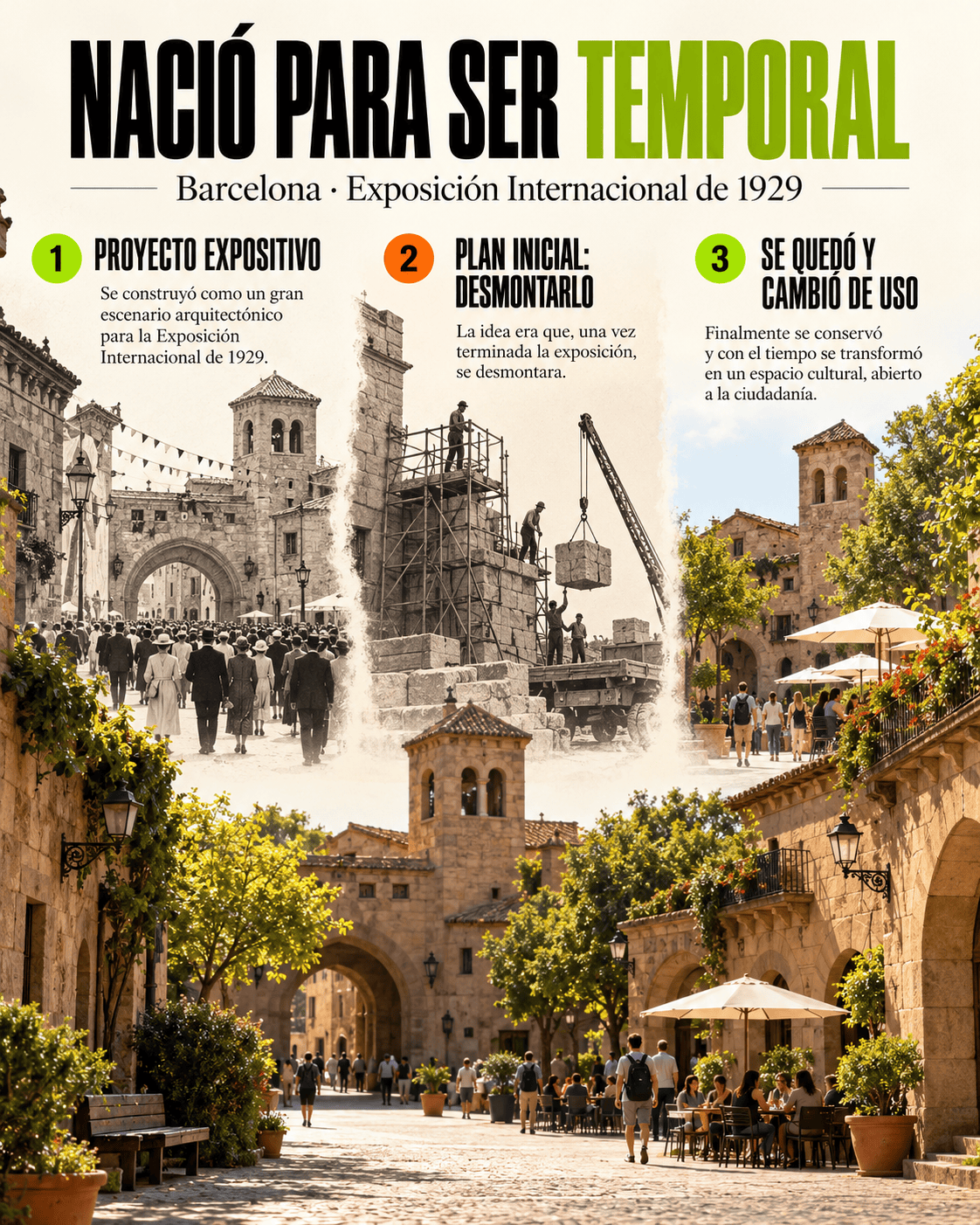 El pueblo de Barcelona que se construyó para una exposición… y nunca se desmontó 12 Cronología de la construcción y continuidad del Poble Espanyol