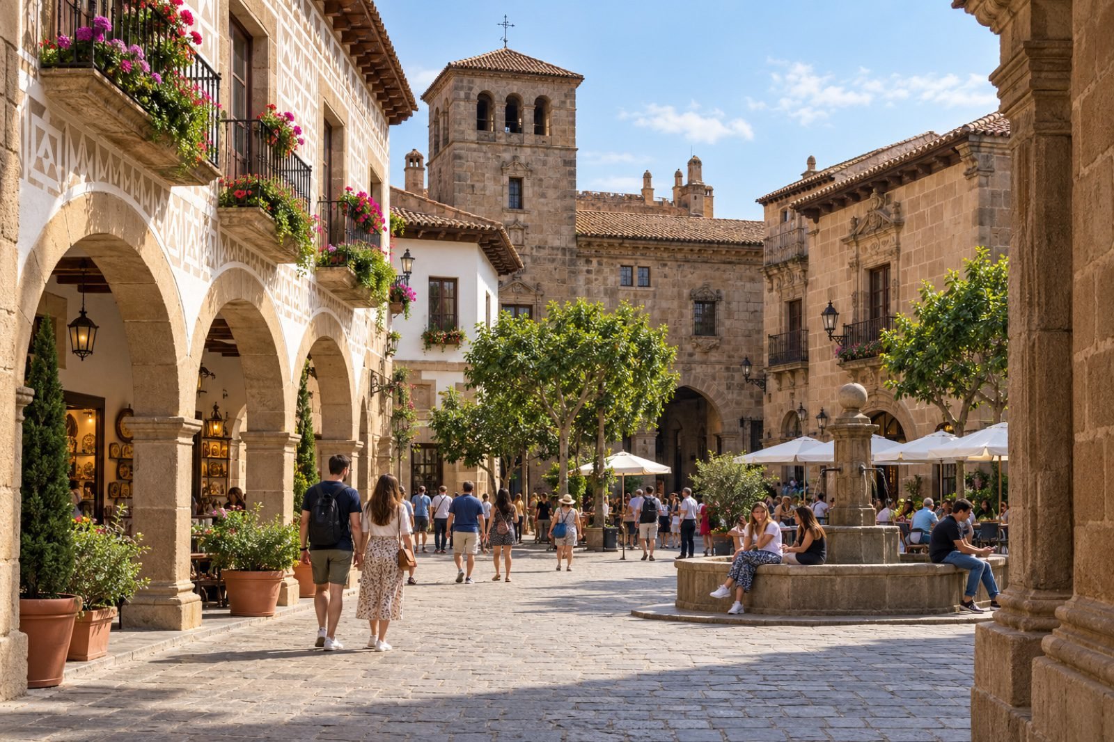 El pueblo de Barcelona que se construyó para una exposición… y nunca se desmontó 11 Visitantes recorren el Poble Espanyol durante la Exposición Internacional de Barcelona de 1929