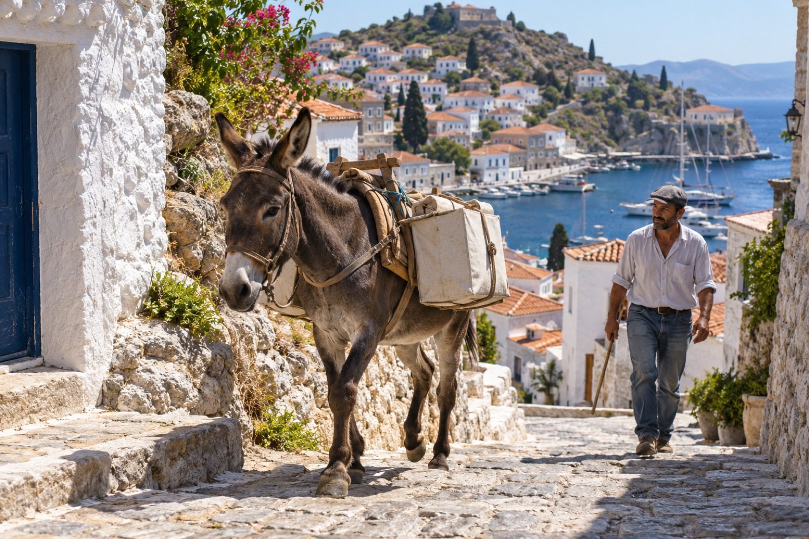 Animal de carga transporta suministros por una calle escalonada de Hydra