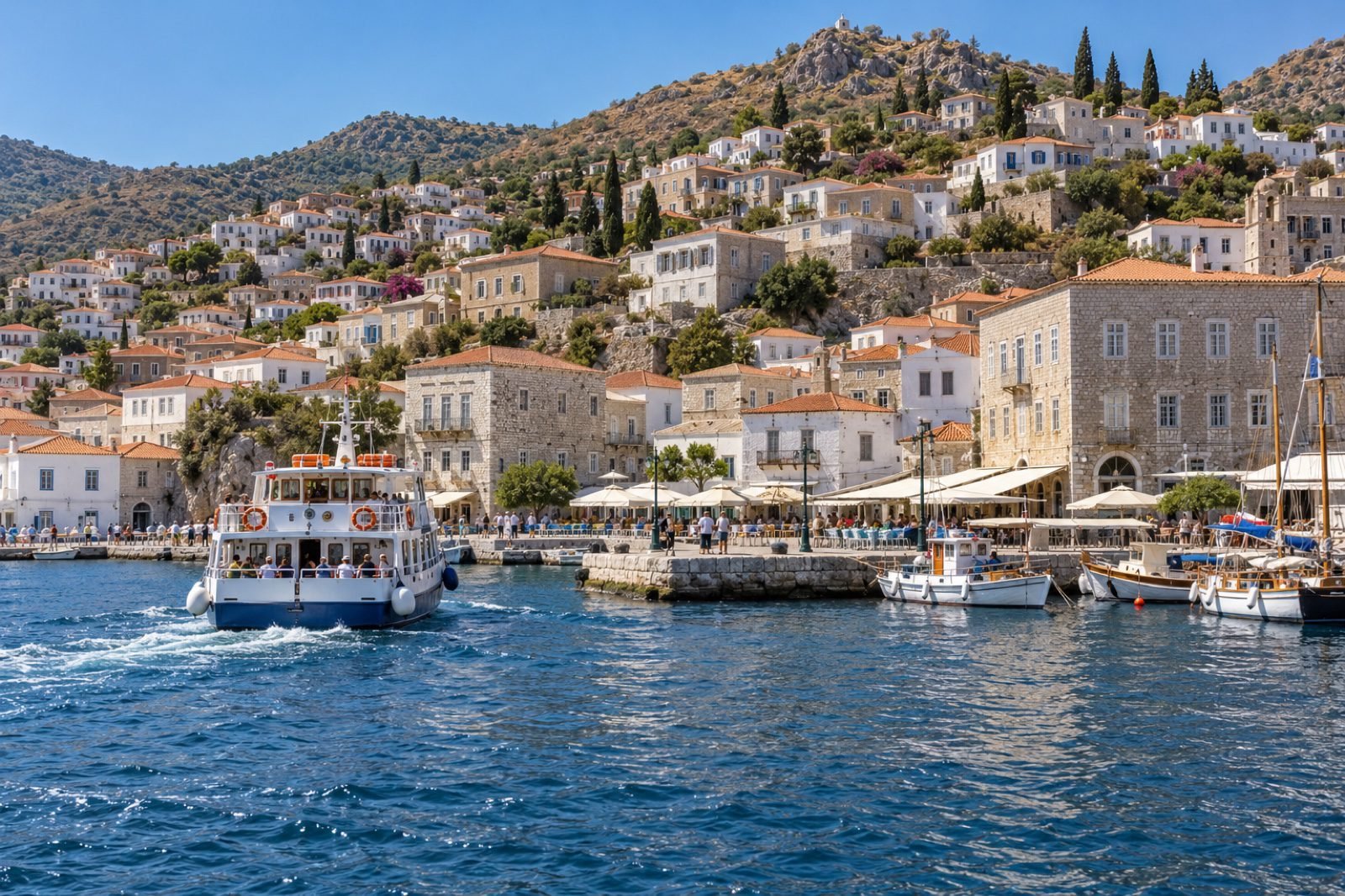 Puerto de Hydra con el asentamiento peatonal extendiéndose por la ladera