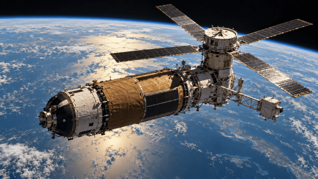 Recreación editorial de Skylab en órbita alrededor de la Tierra.