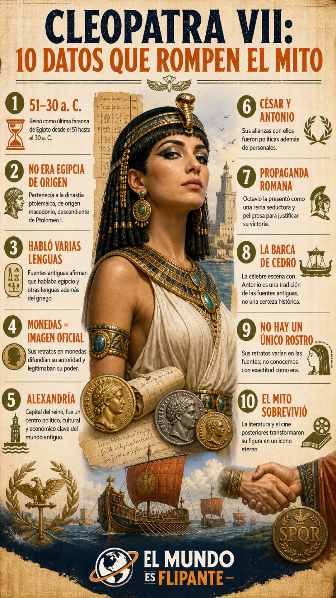 Cleopatra y la vida real detrás del mito 8 Infografía sobre Cleopatra VII, su imagen política, sus alianzas y la propaganda romana