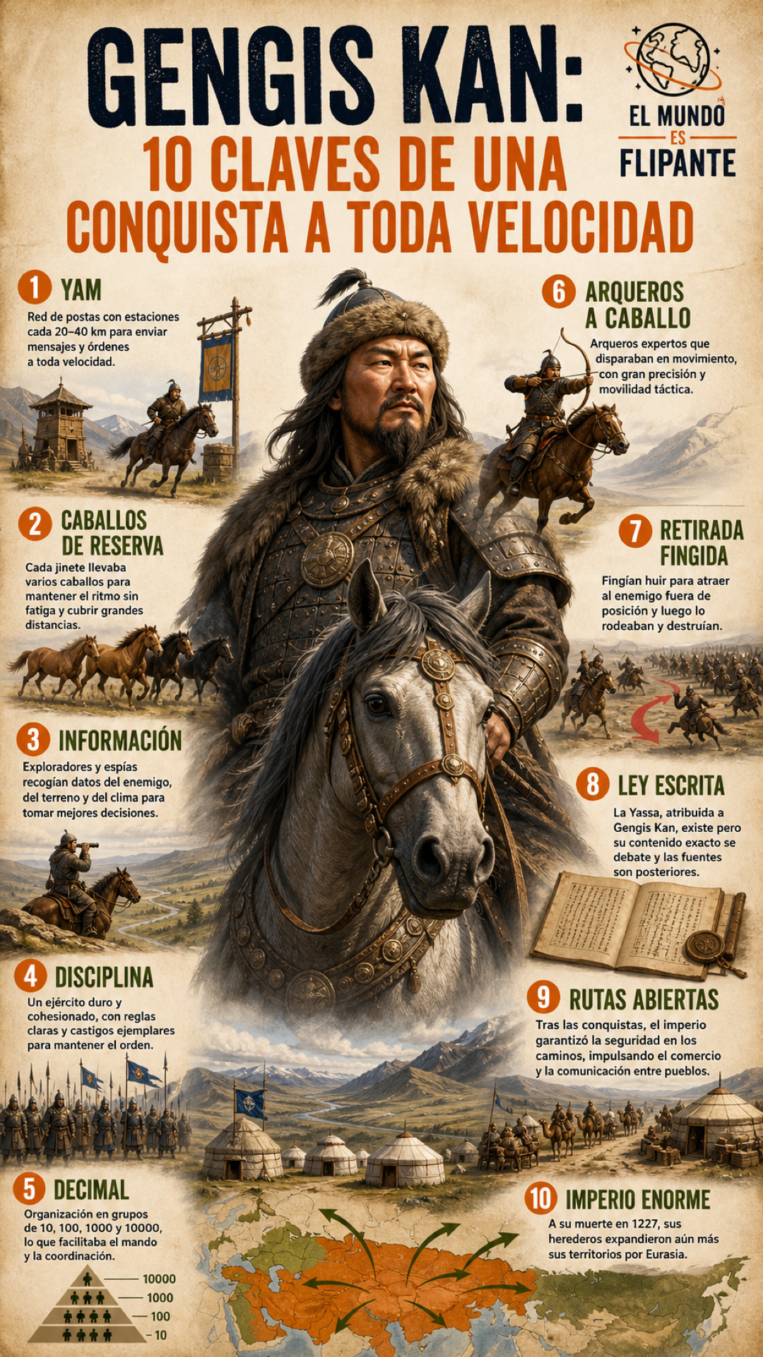 Infografía sobre la velocidad, el caballo, el yam y la organización militar de Gengis Kan