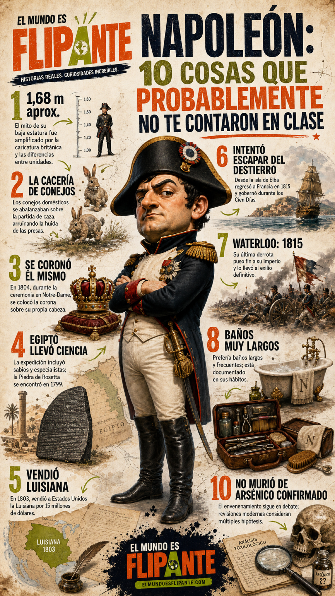 Napoleón Bonaparte: 10 cosas que probablemente no te contaron en clase 20 Infografía sobre diez datos curiosos de Napoleón Bonaparte, desde el mito de su estatura hasta Santa Elena