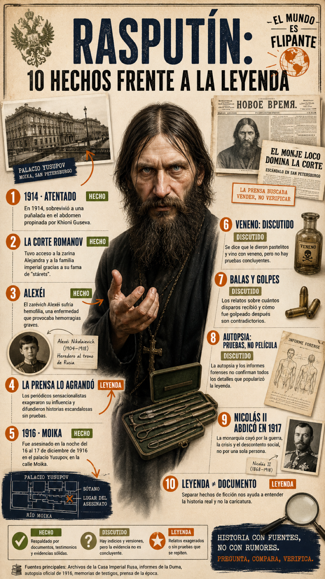 Infografía sobre la muerte de Rasputín y la diferencia entre leyenda y evidencia histórica